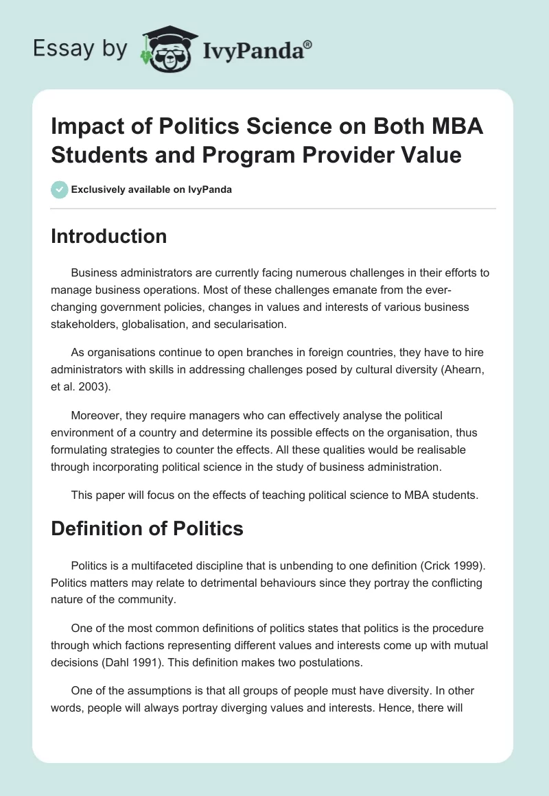 Impact of Politics Science on Both MBA Students and Program Provider Value. Page 1