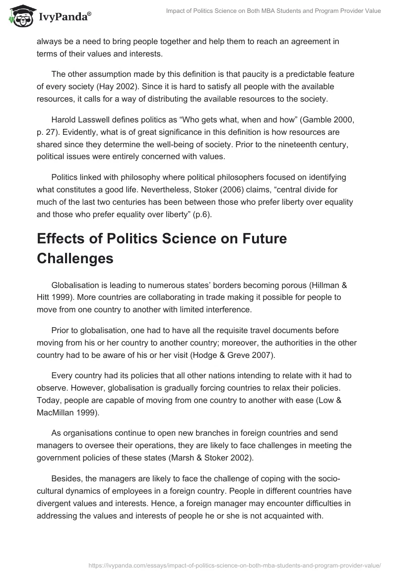 Impact of Politics Science on Both MBA Students and Program Provider Value. Page 2