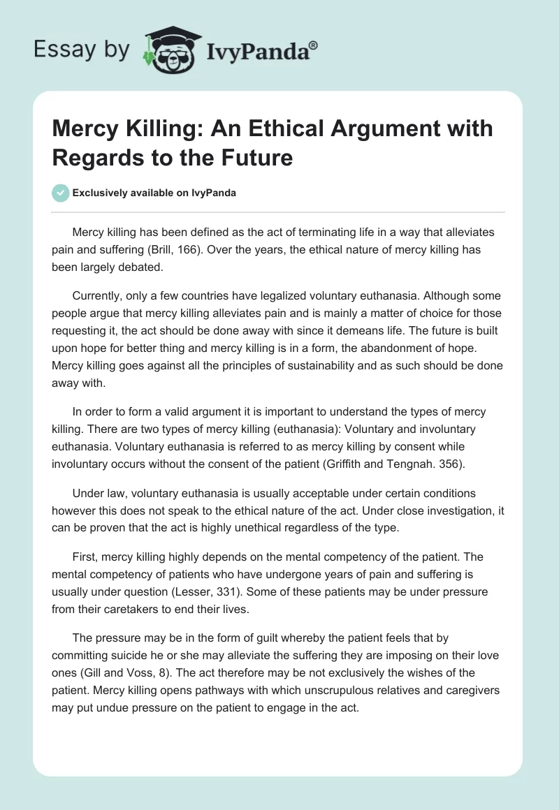 Mercy Killing: An Ethical Argument with Regards to the Future. Page 1