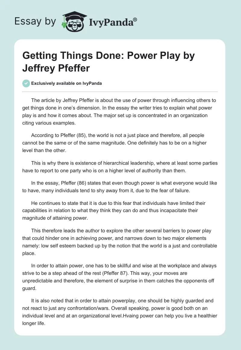 Getting Things Done: "Power Play" by Jeffrey Pfeffer. Page 1