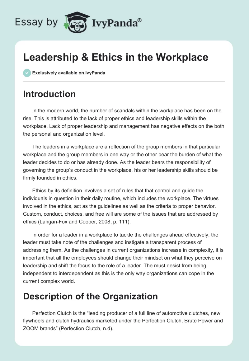 Leadership & Ethics in the Workplace. Page 1