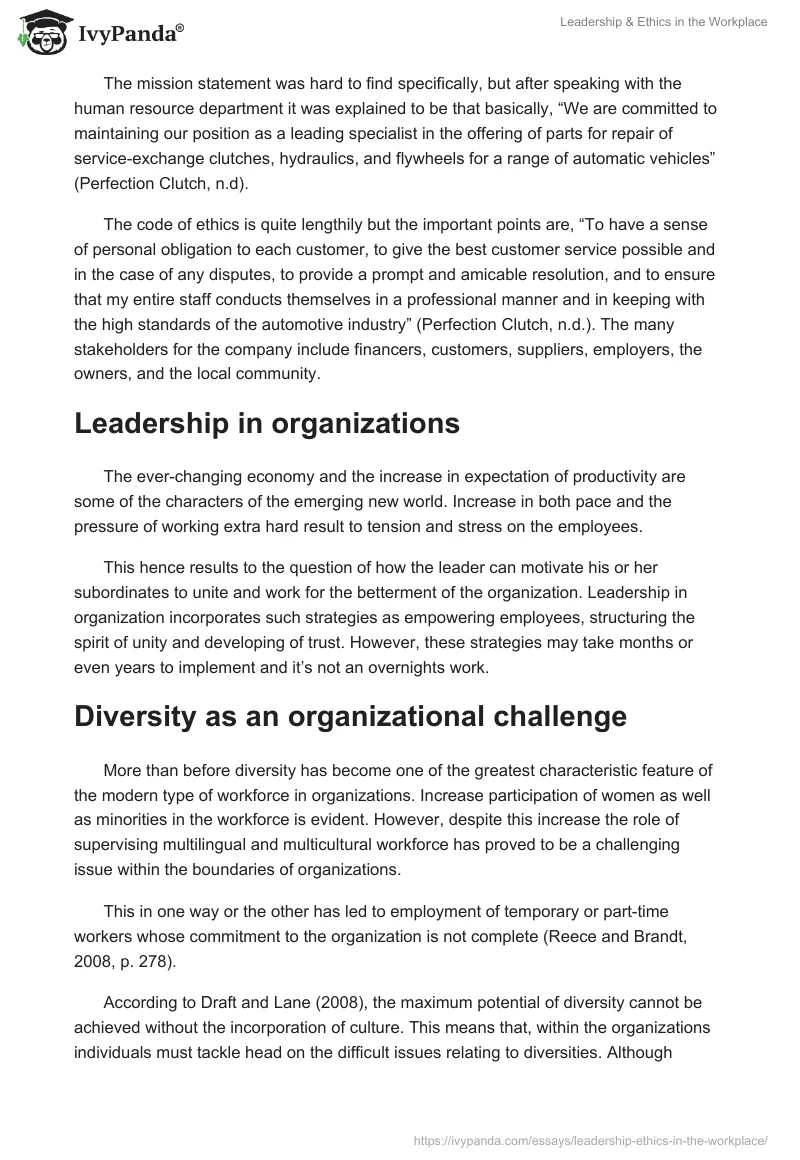 Leadership & Ethics in the Workplace - 2155 Words | Essay Example