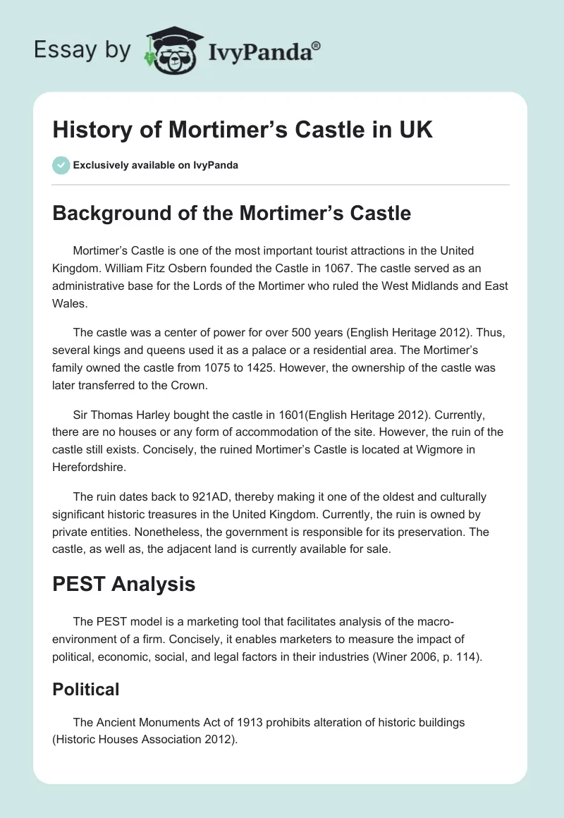 History of Mortimer’s Castle in UK. Page 1