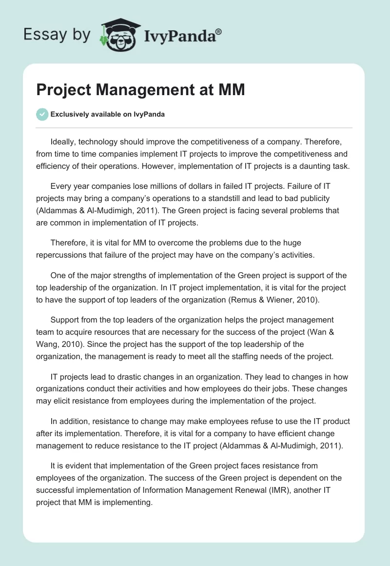 Project Management at MM. Page 1