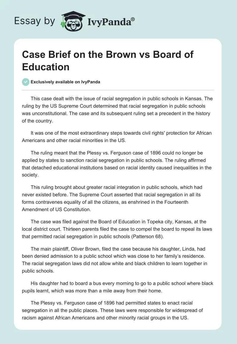 Case Brief on the Brown vs Board of Education. Page 1