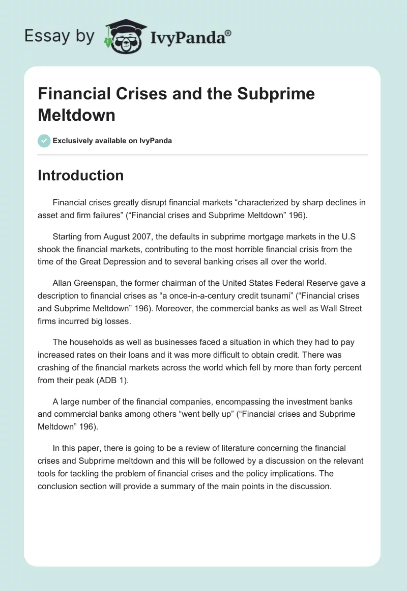 Financial Crises and the Subprime Meltdown. Page 1