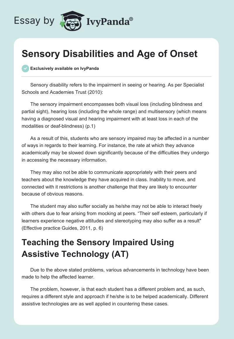 Sensory Disabilities and Age of Onset. Page 1