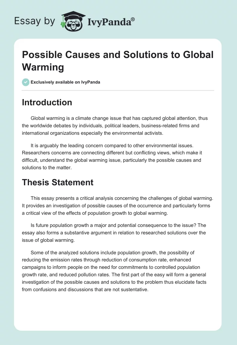 Possible Causes and Solutions to Global Warming. Page 1