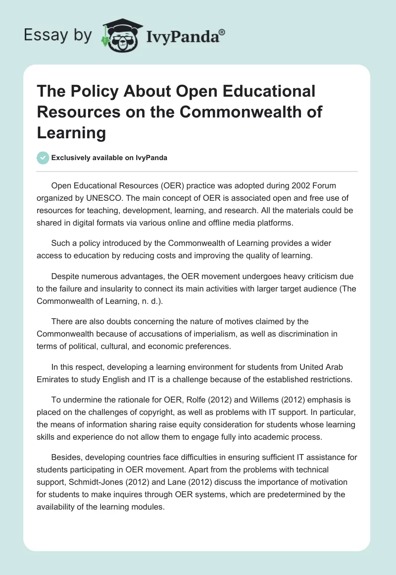 The Policy About Open Educational Resources on the Commonwealth of Learning. Page 1