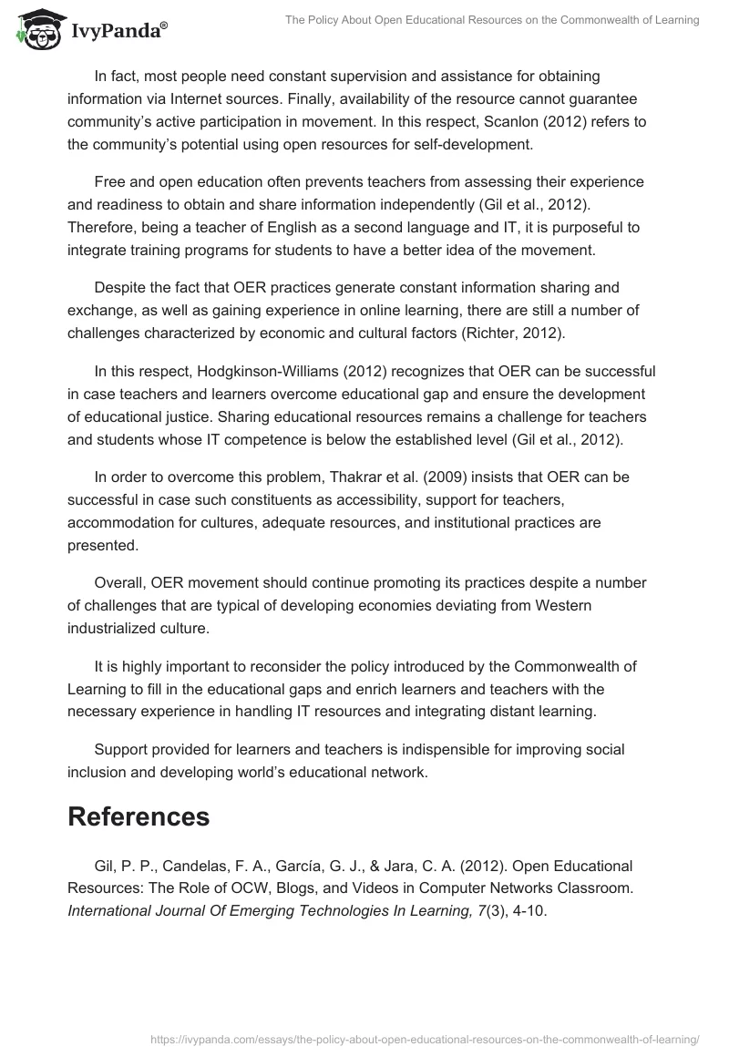The Policy About Open Educational Resources on the Commonwealth of Learning. Page 2