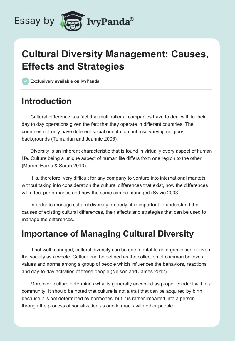 Cultural Diversity Management: Causes, Effects and Strategies. Page 1
