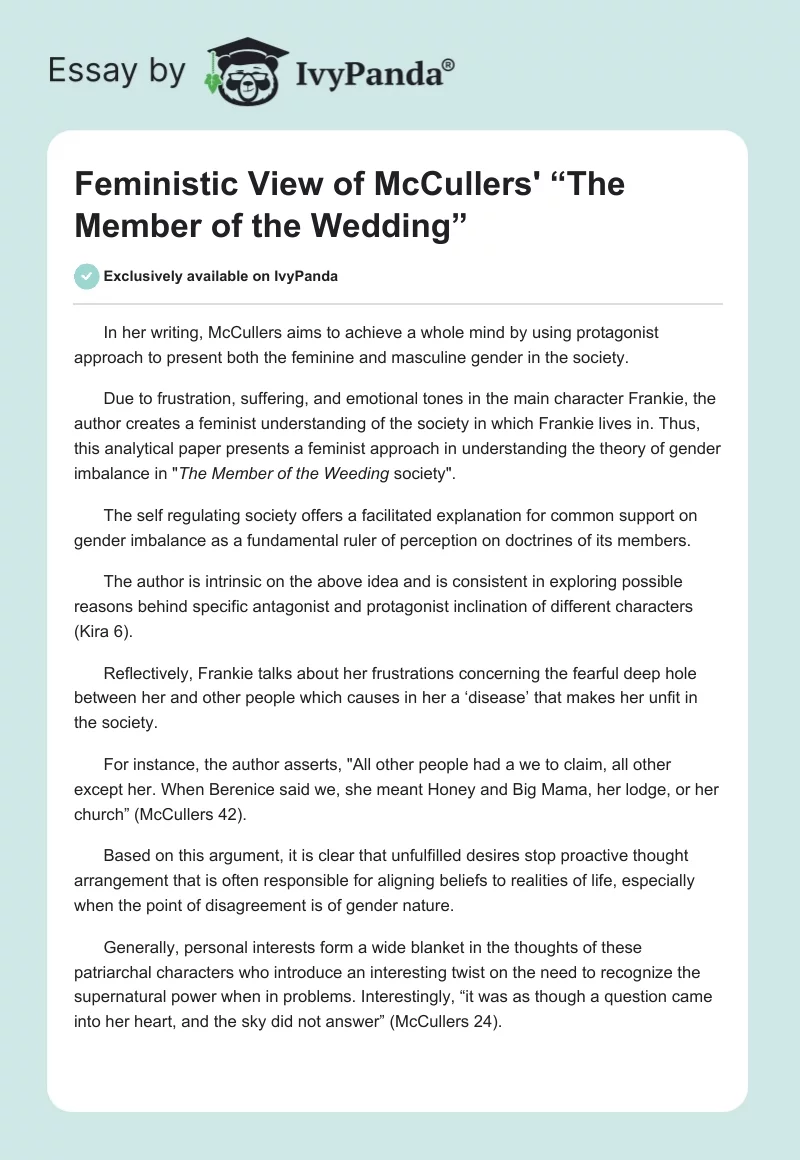 Feministic View of McCullers' “The Member of the Wedding”. Page 1