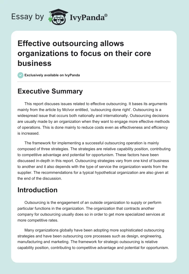 Effective Outsourcing Allows Organizations to Focus on Their Core Business. Page 1