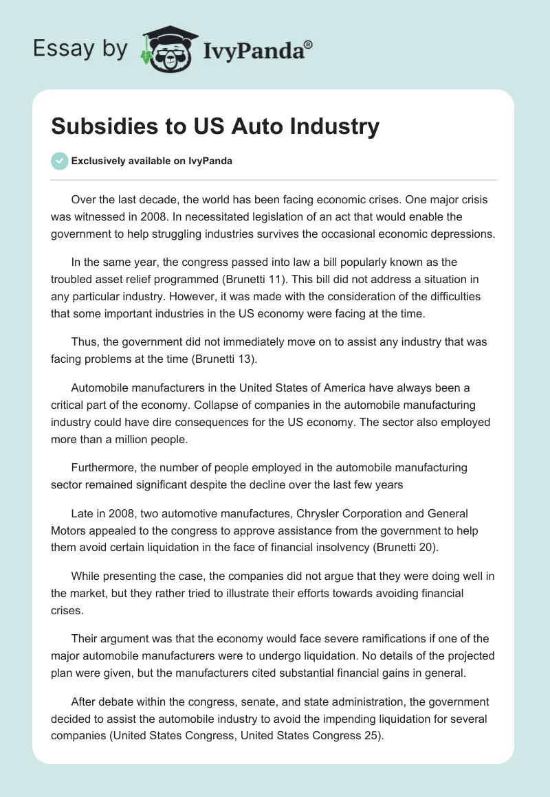 Subsidies to US Auto Industry. Page 1