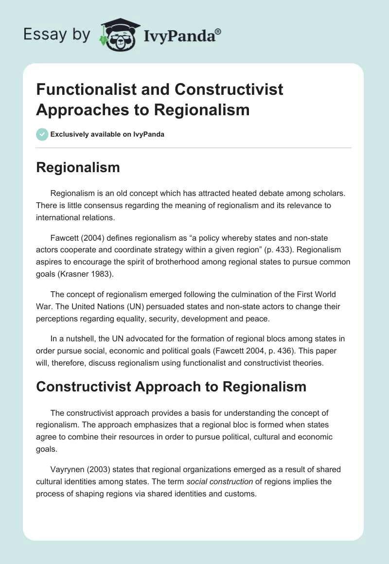 Functionalist and Constructivist Approaches to Regionalism. Page 1