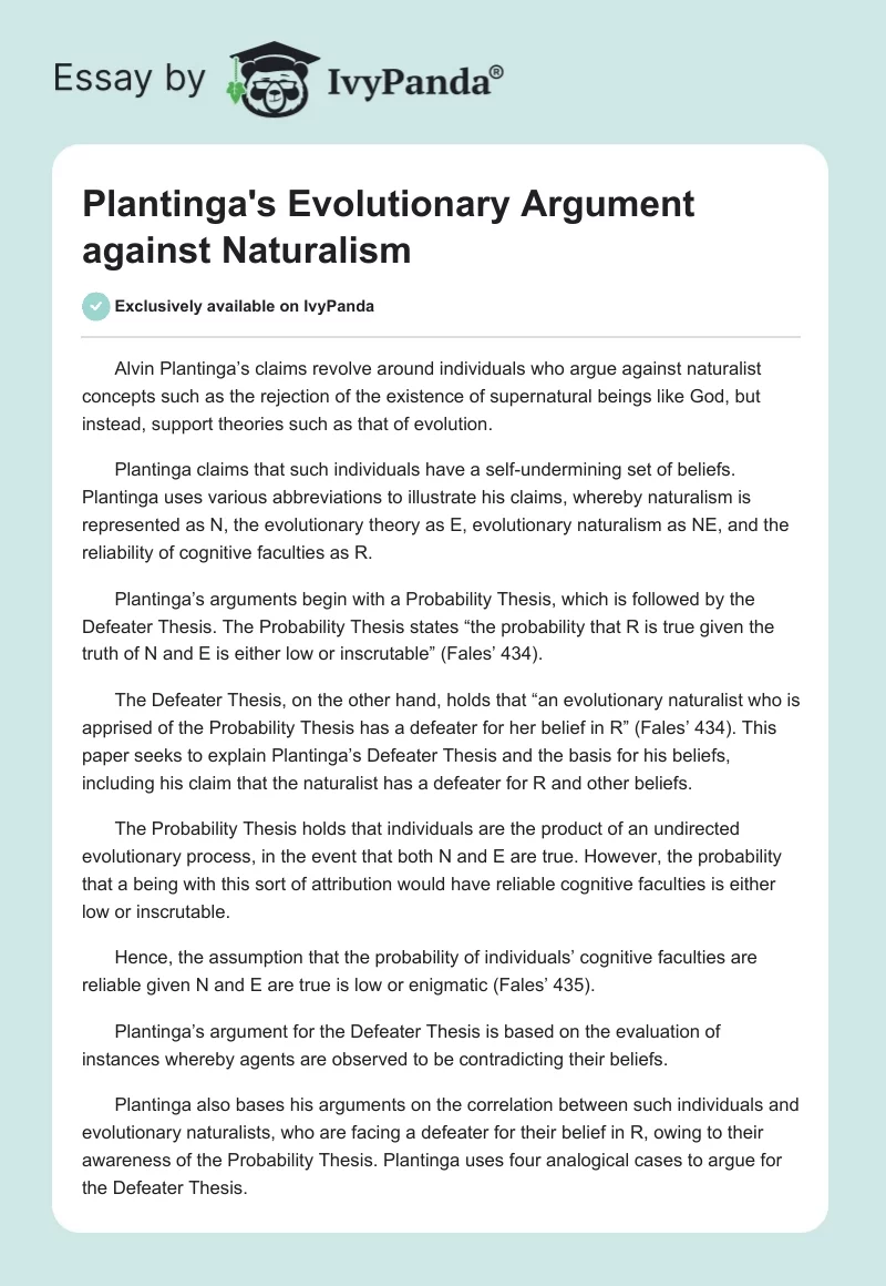 Plantinga's Evolutionary Argument against Naturalism. Page 1