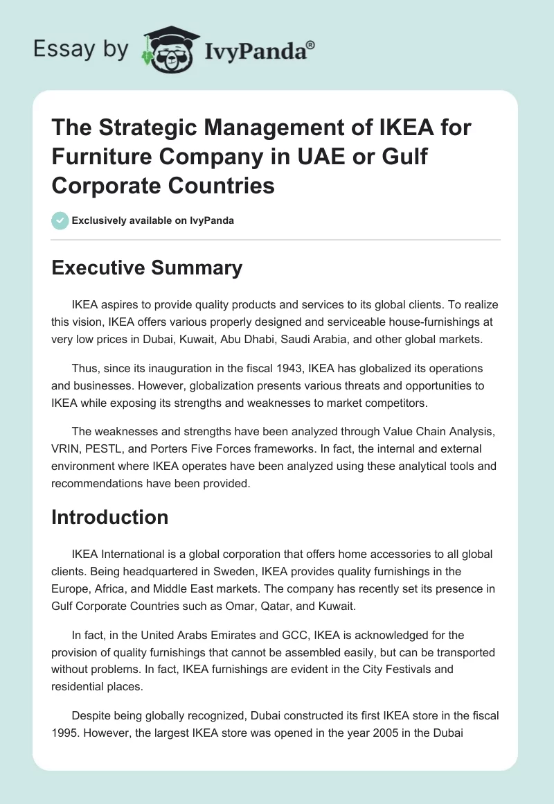 The Strategic Management of IKEA for Furniture Company in UAE or Gulf Corporate Countries. Page 1