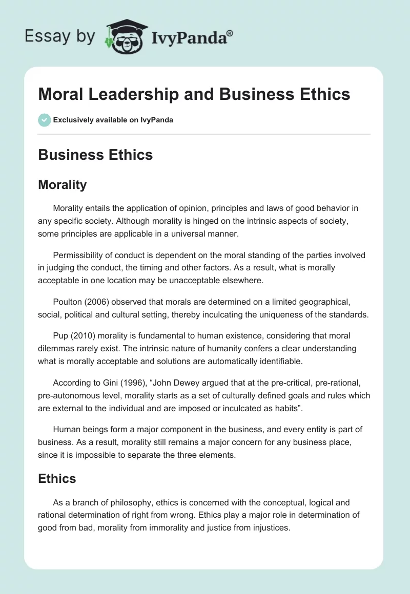 Moral Leadership and Business Ethics. Page 1