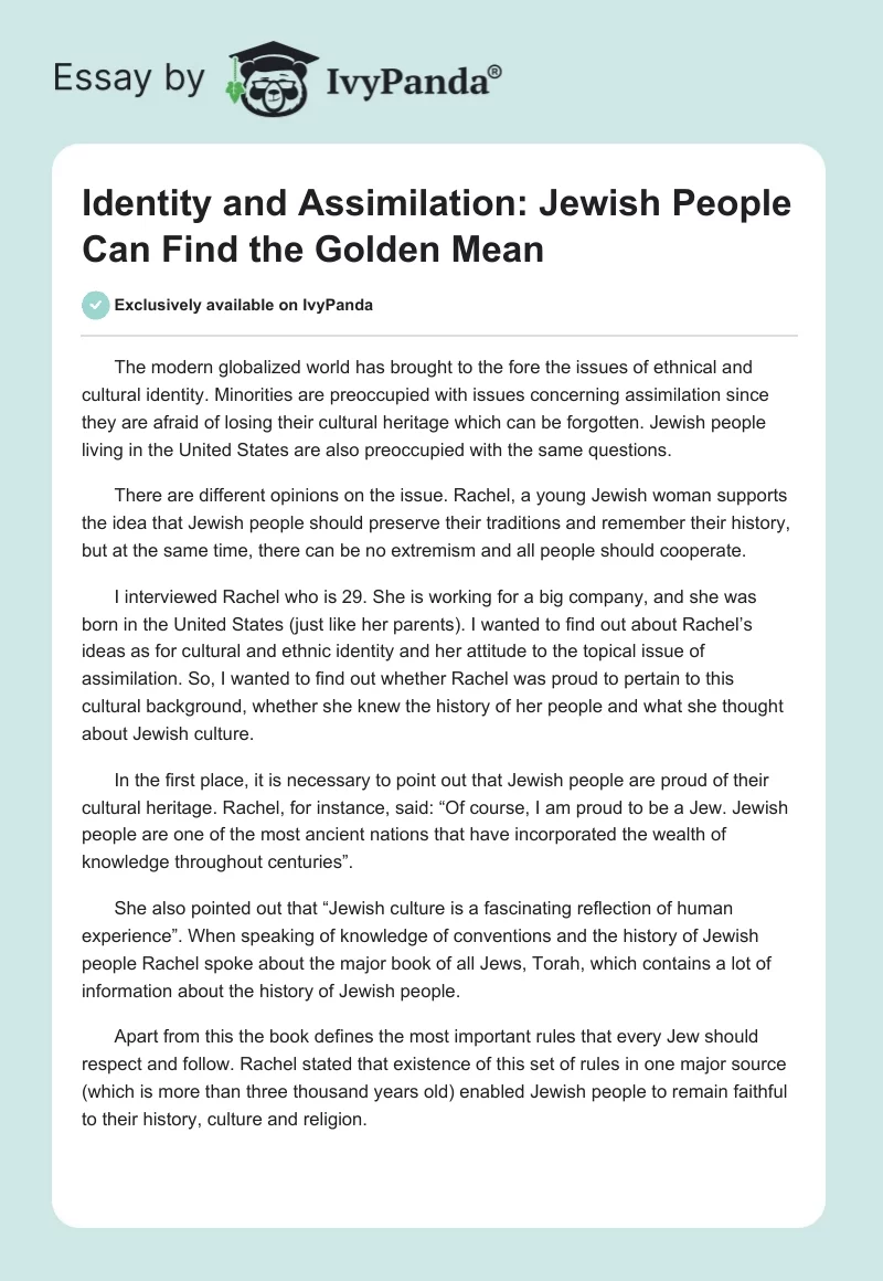 Identity and Assimilation: Jewish People Can Find the Golden Mean. Page 1