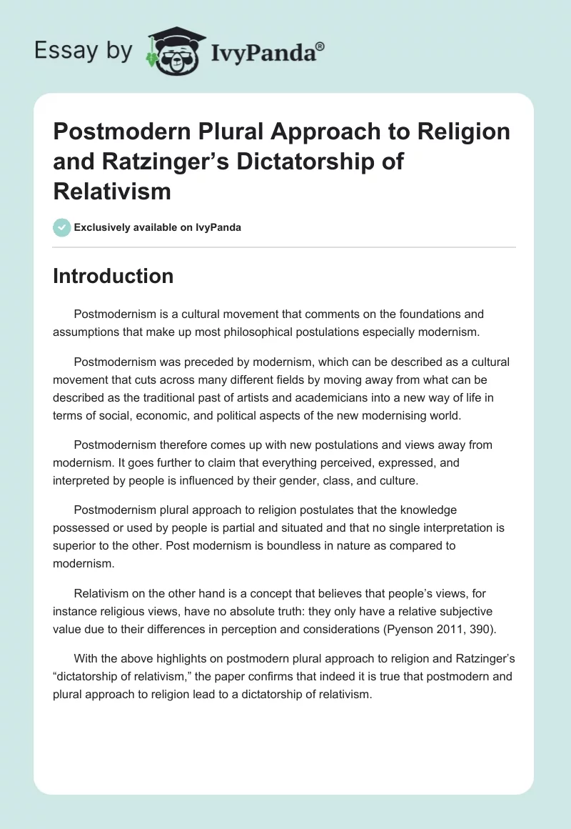 Postmodern Plural Approach to Religion and Ratzinger’s "Dictatorship of Relativism". Page 1
