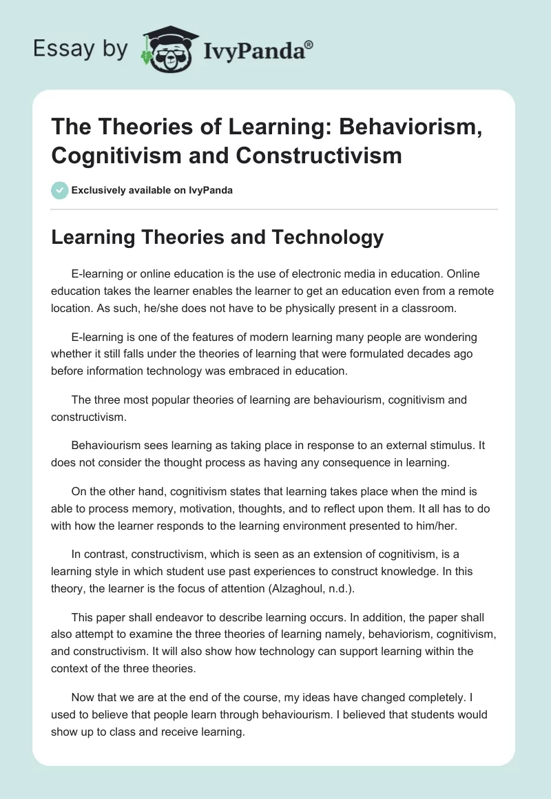 The Theories of Learning: Behaviorism, Cognitivism and Constructivism. Page 1