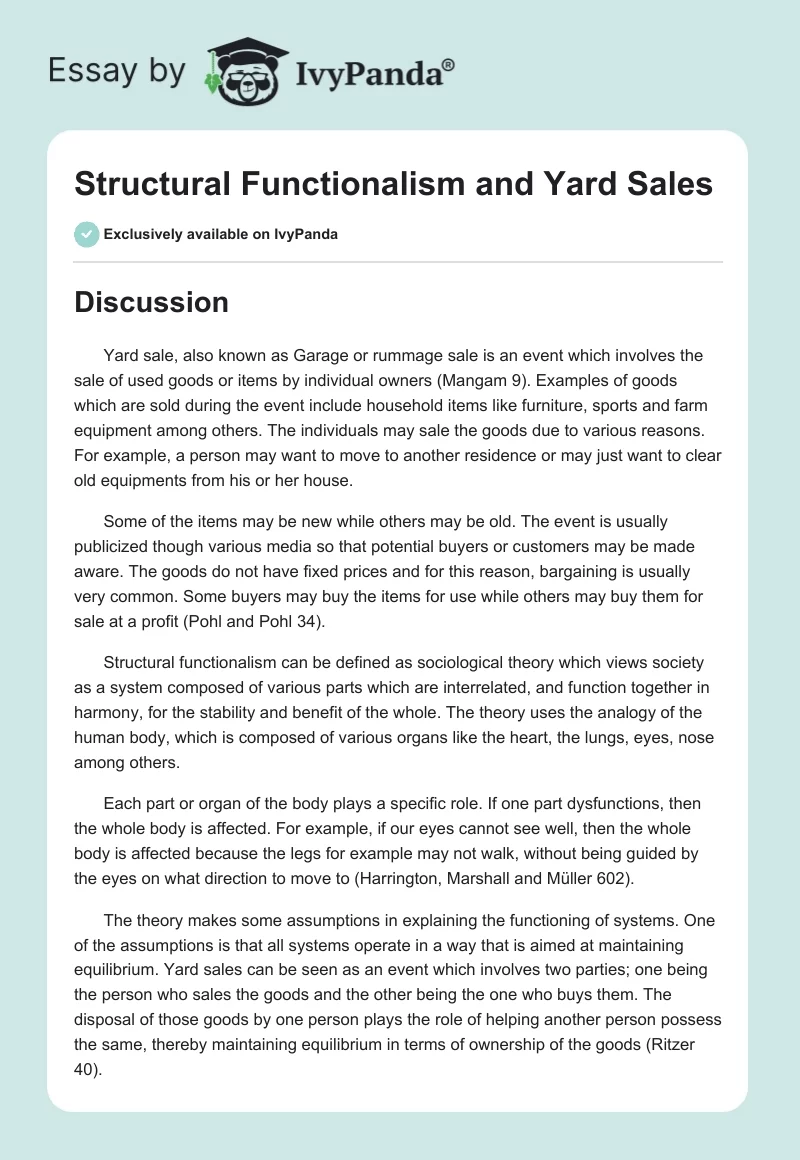 Structural Functionalism and Yard Sales. Page 1