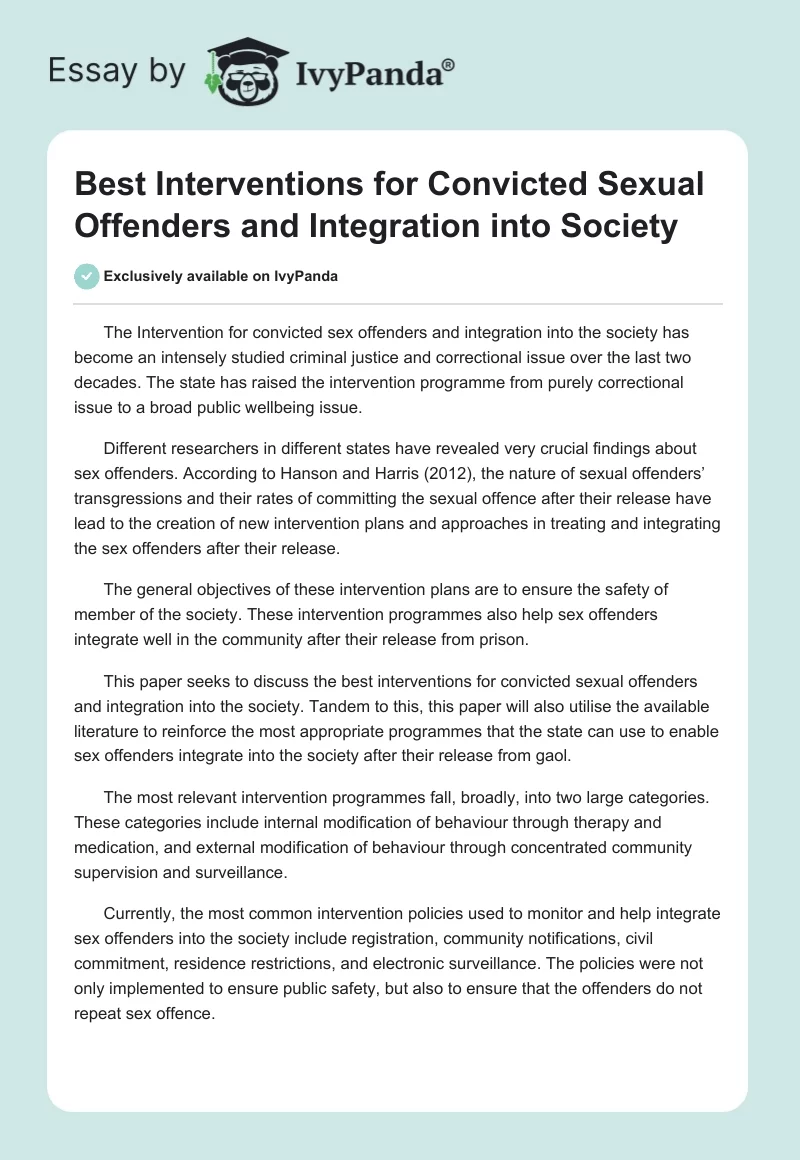 Best Interventions for Convicted Sexual Offenders and Integration into Society. Page 1