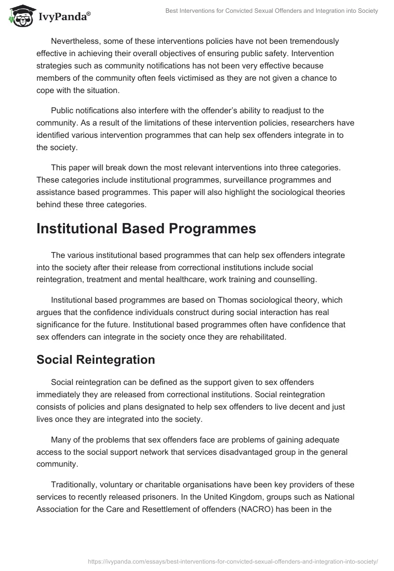 Best Interventions for Convicted Sexual Offenders and Integration into Society. Page 2