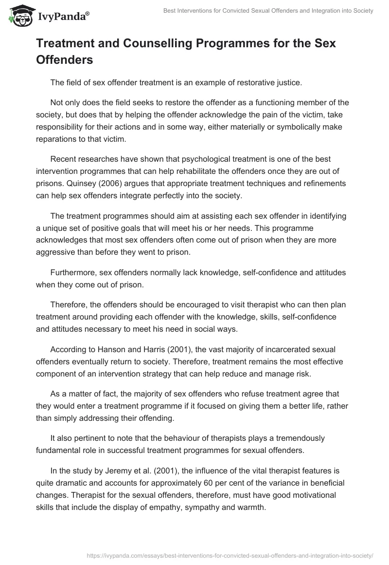 Best Interventions for Convicted Sexual Offenders and Integration into Society. Page 4