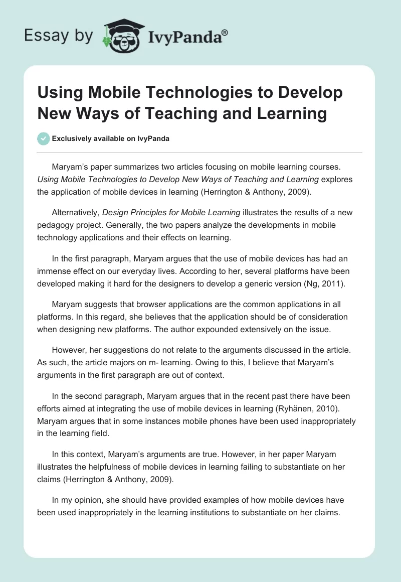 Using Mobile Technologies to Develop New Ways of Teaching and Learning. Page 1