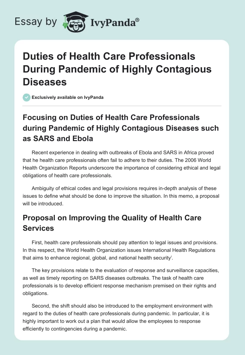 Duties of Health Care Professionals During Pandemic of Highly Contagious Diseases. Page 1