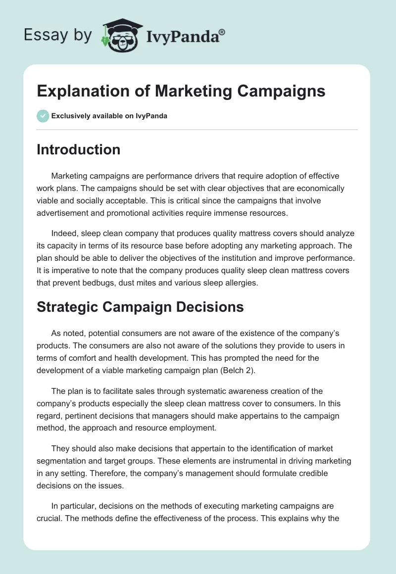 Explanation of Marketing Campaigns. Page 1