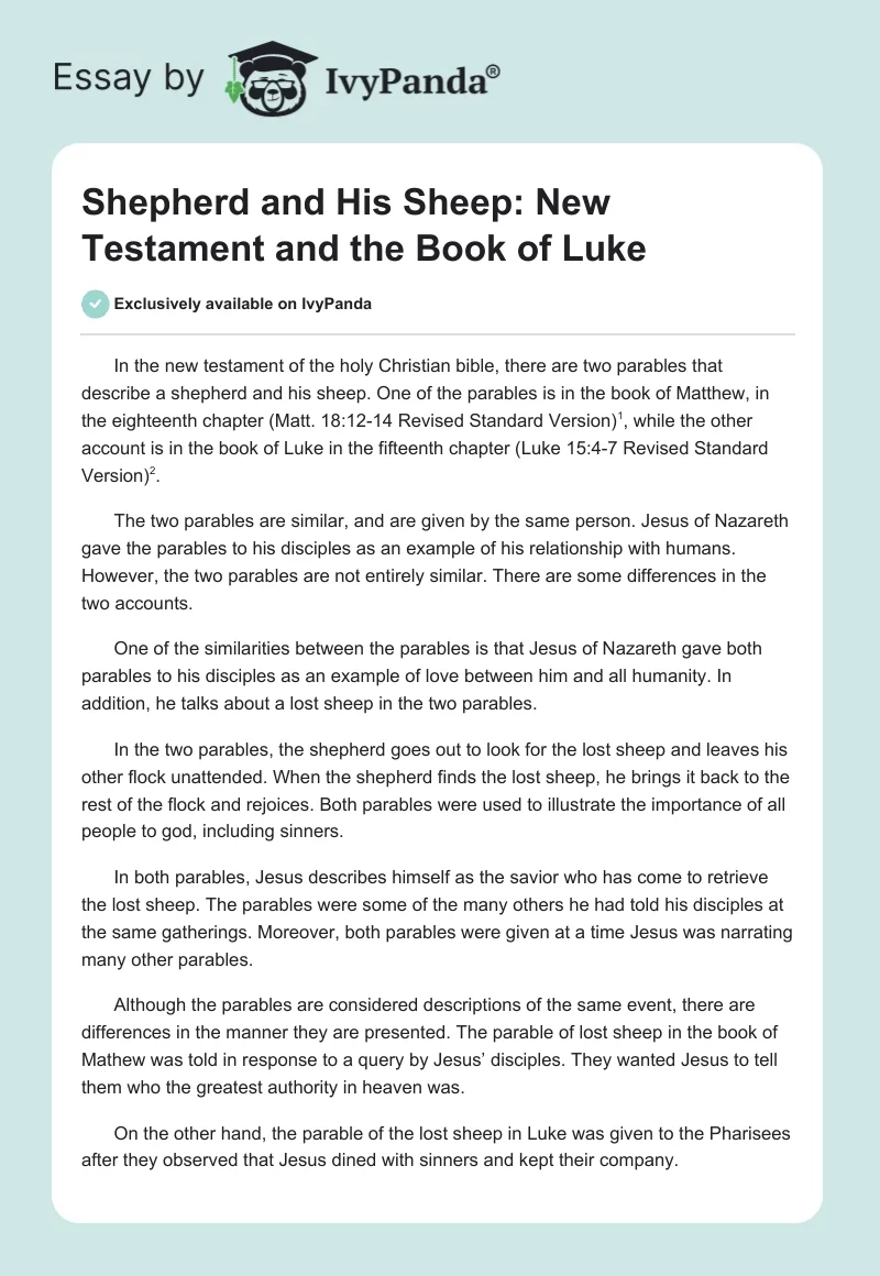 Shepherd and His Sheep: New Testament and the Book of Luke. Page 1