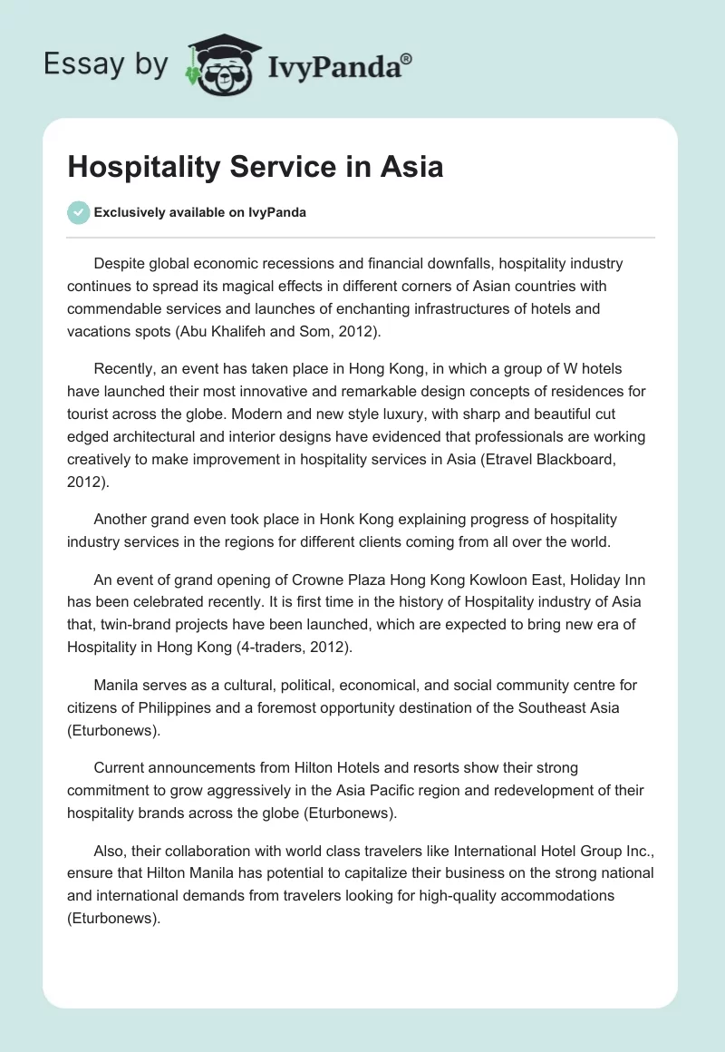 Hospitality Service in Asia. Page 1
