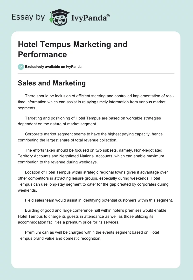 Hotel Tempus Marketing and Performance. Page 1
