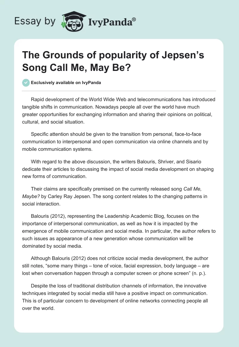 The Grounds of popularity of Jepsen’s Song "Call Me, May Be?". Page 1