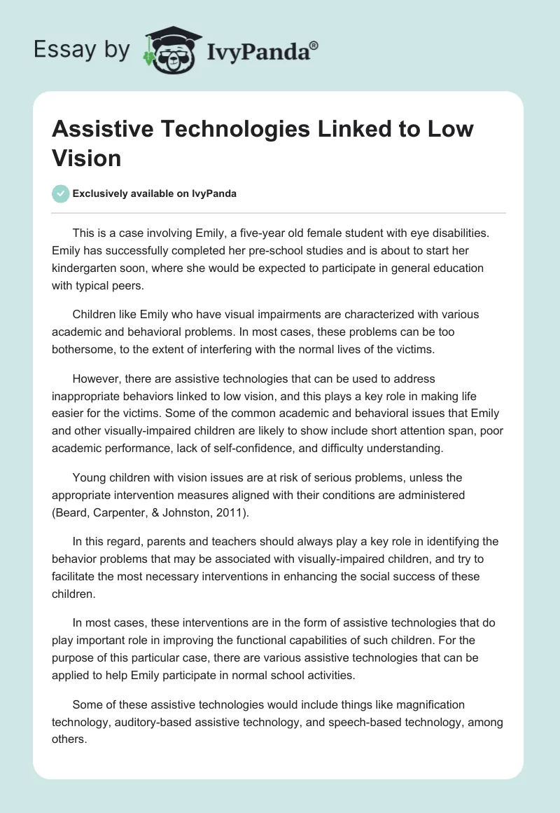 Assistive Technologies Linked to Low Vision. Page 1