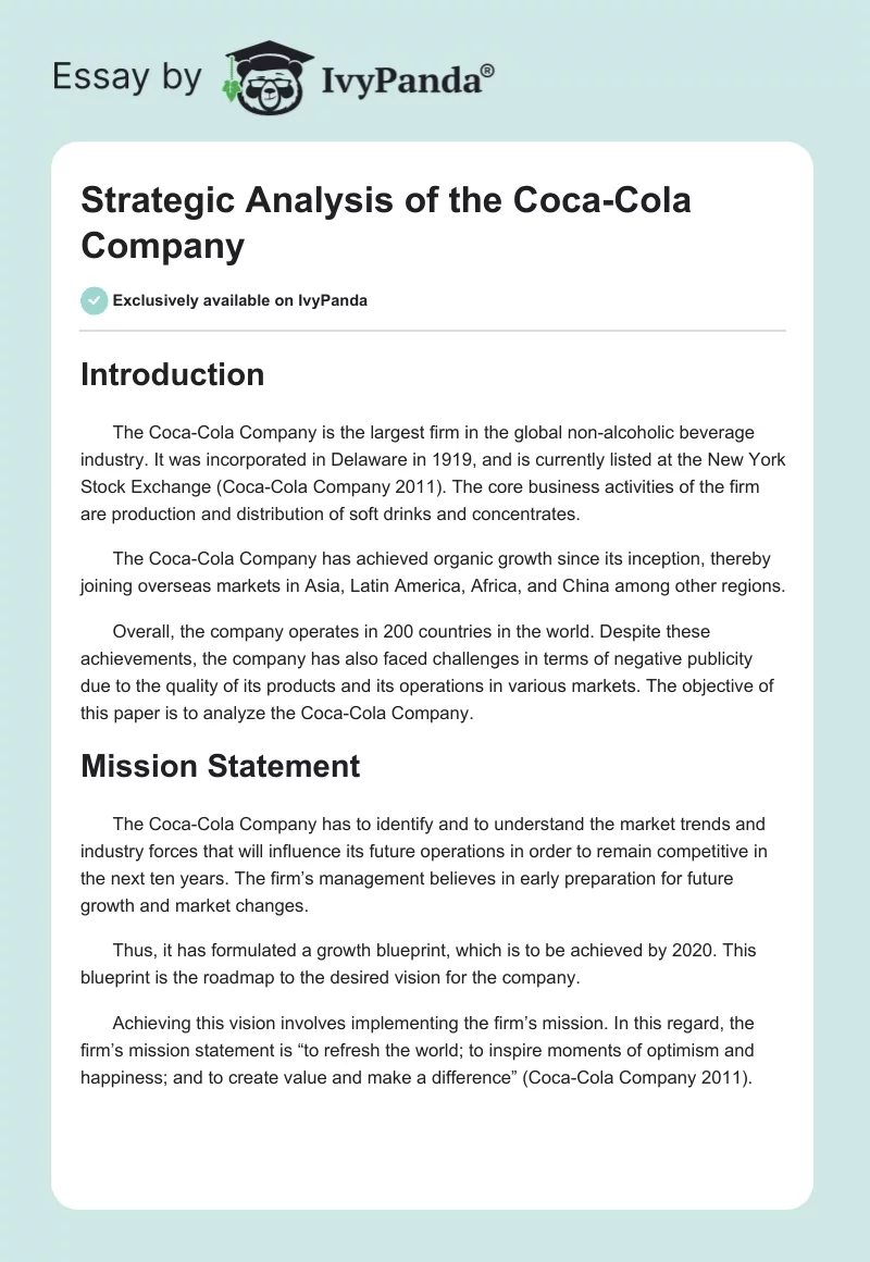 Strategic Analysis of the Coca-Cola Company. Page 1