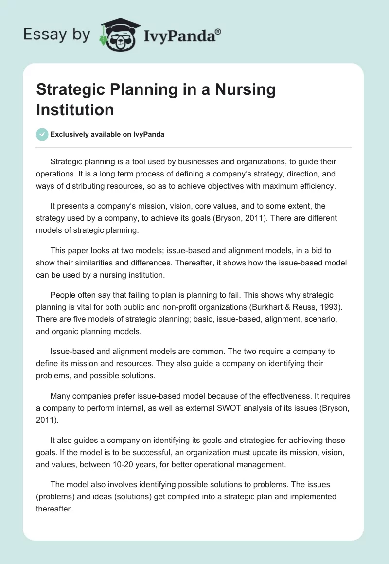 Strategic Planning in a Nursing Institution. Page 1