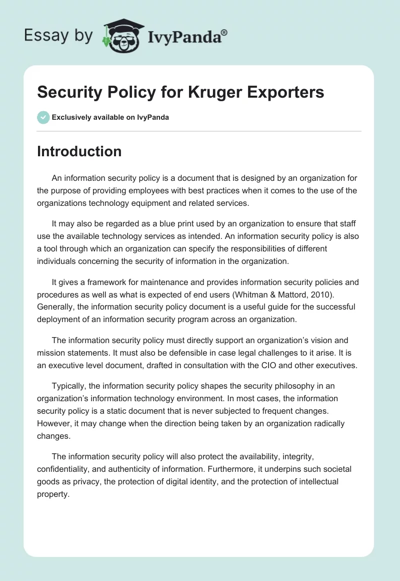 Security Policy for Kruger Exporters. Page 1