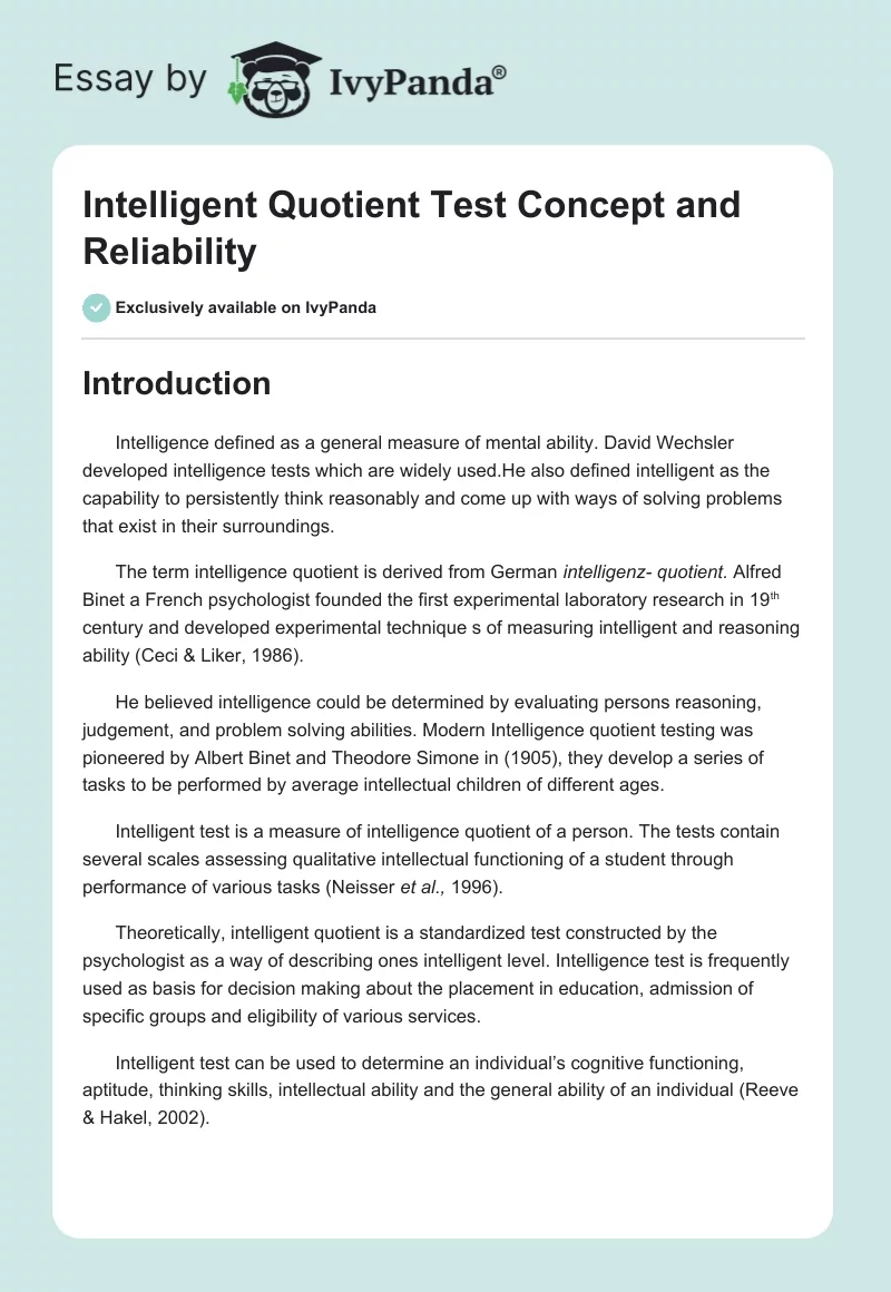 Intelligent Quotient Test Concept and Reliability. Page 1