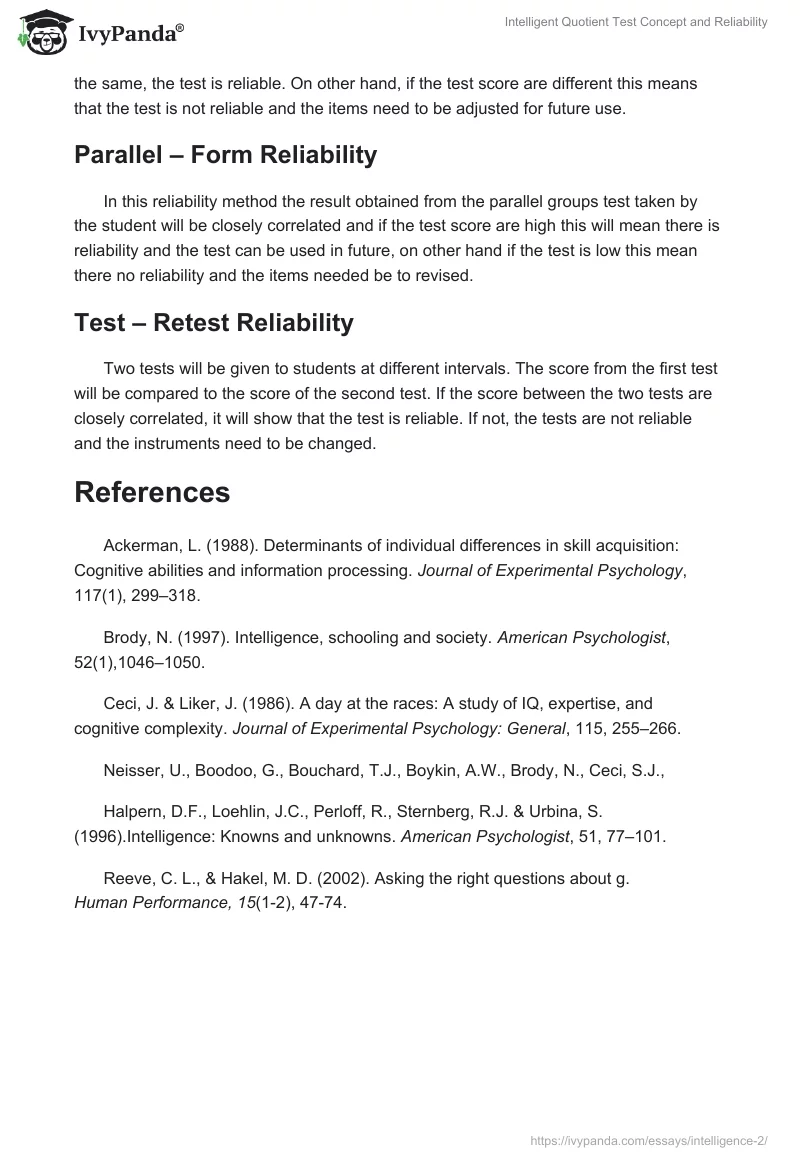Intelligent Quotient Test Concept and Reliability. Page 4
