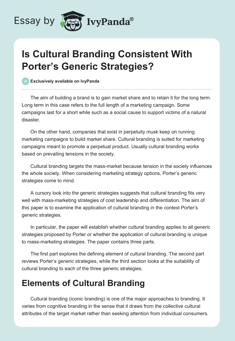 Is Cultural Branding Consistent With Porter’s Generic Strategies?. Page 1