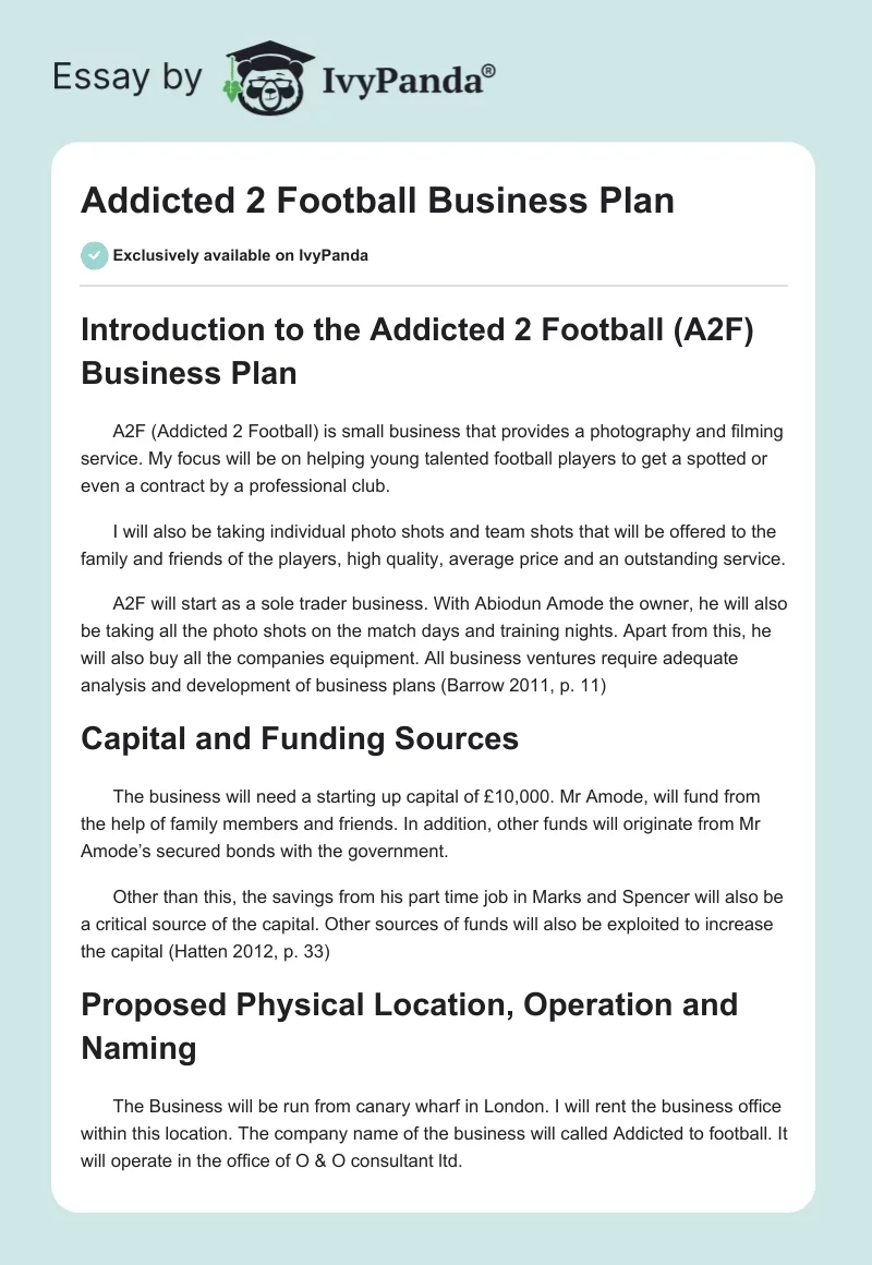 Addicted 2 Football Business Plan. Page 1