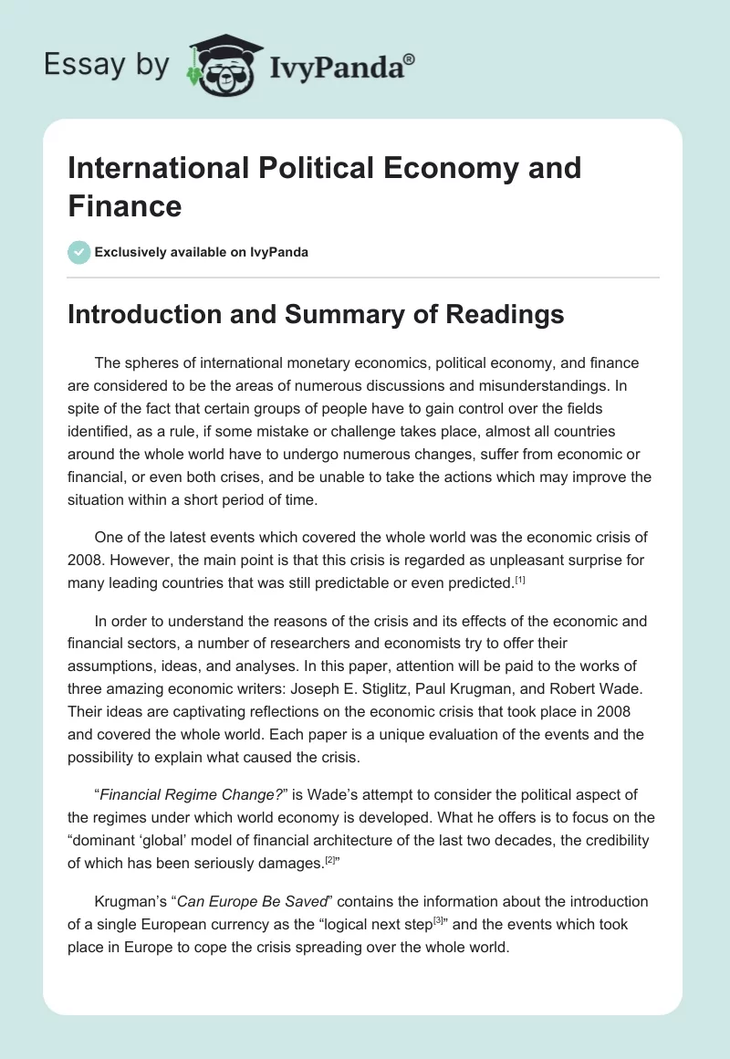 International Political Economy and Finance. Page 1