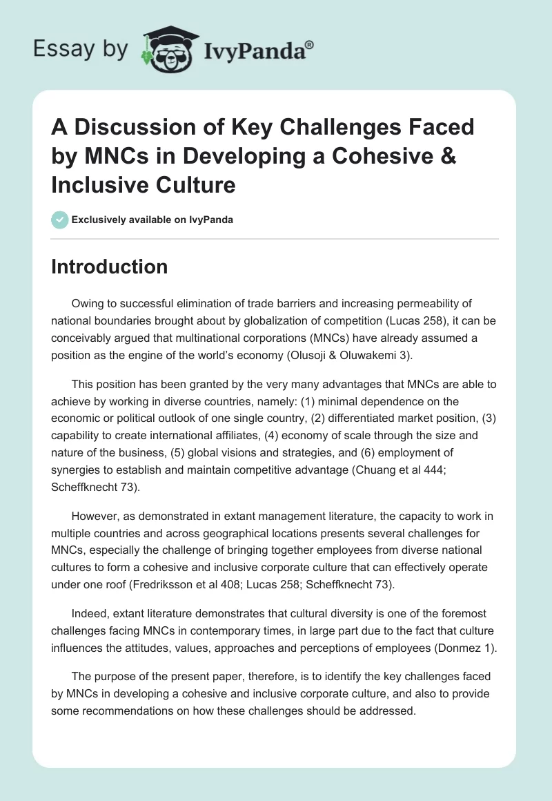 A Discussion of Key Challenges Faced by MNCs in Developing a Cohesive & Inclusive Culture. Page 1