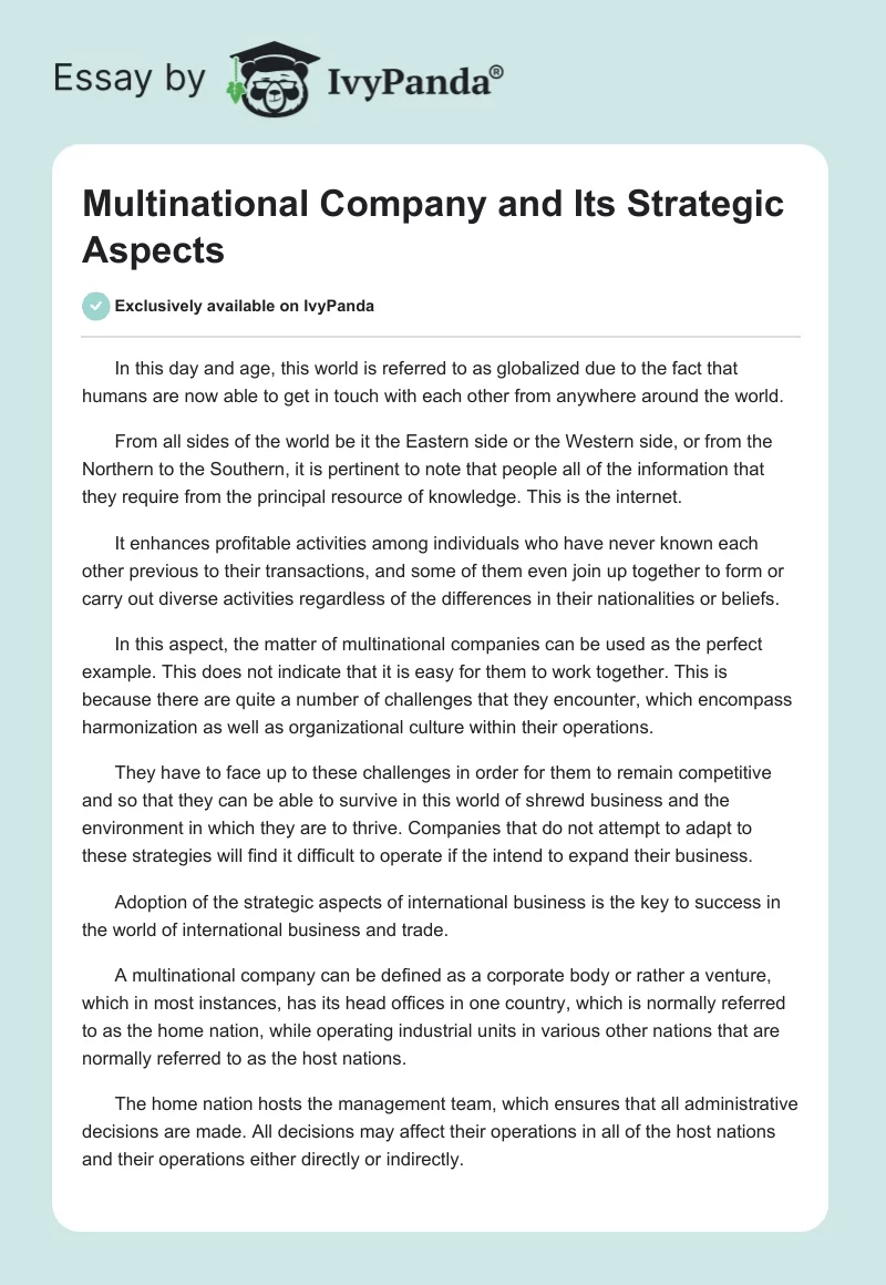 Multinational Company and Its Strategic Aspects. Page 1