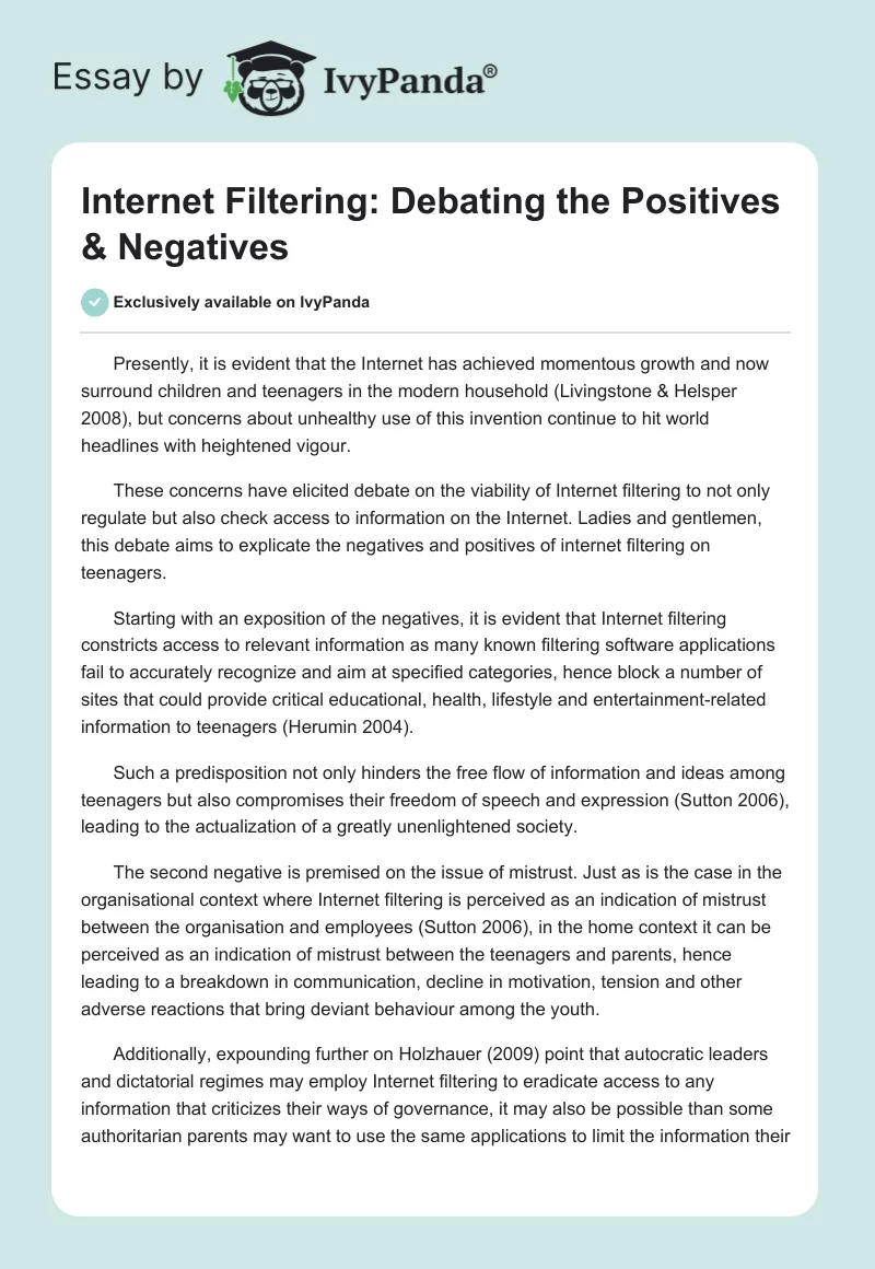 Internet Filtering: Debating the Positives & Negatives. Page 1