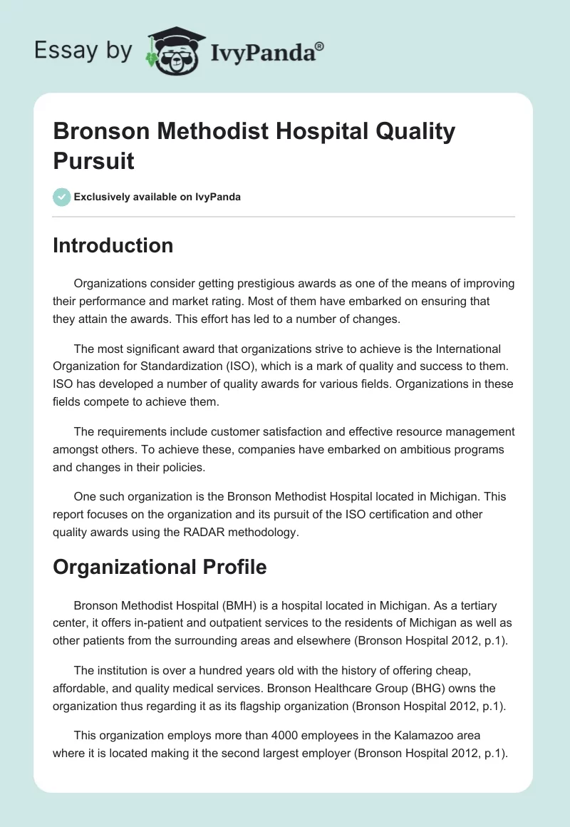 Bronson Methodist Hospital Quality Pursuit. Page 1