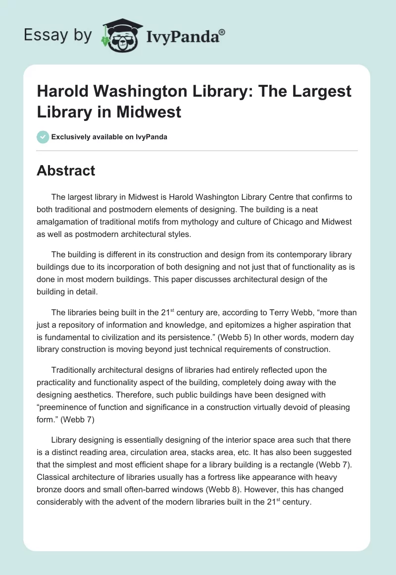 Harold Washington Library: The Largest Library in Midwest. Page 1